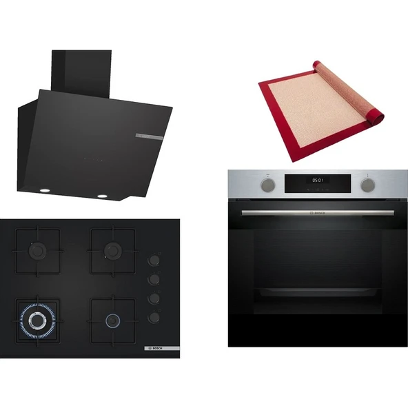 Bosch Siyah 3 lü Ankastre Set 532 (HUA717BR0T - POH7C6P31O - DWK66PJ60T) 67cm Wok Bek Ocak - Buhar Destekli inox Fırın - Pişirme Matı ile ürün görseli 1
