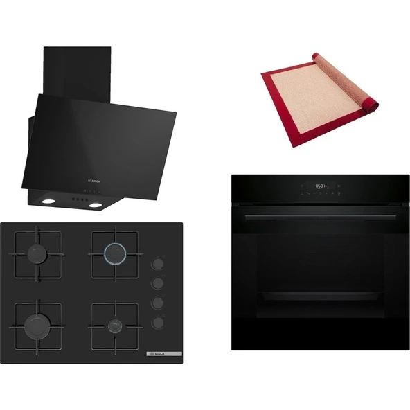 Bosch Siyah 3 lü Ankastre Set 574 (HJG852YB0T - POP7C6P31O - DWK63PJ60T(61T)) 67cm Ocak - 3D Fry Hava ile Kızartma - Pişirme Matı ile ürün görseli 1