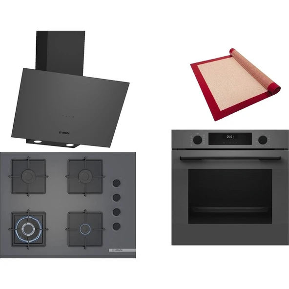 Bosch Gri 3 lü Ankastre Set 519 (HUA717BN0T - POH7C9P31O - DWK64PJ70T) 67cm Wok Bek Ocak - Buhar Destekli Fırın - Pişirme Matı ile ürün görseli 1