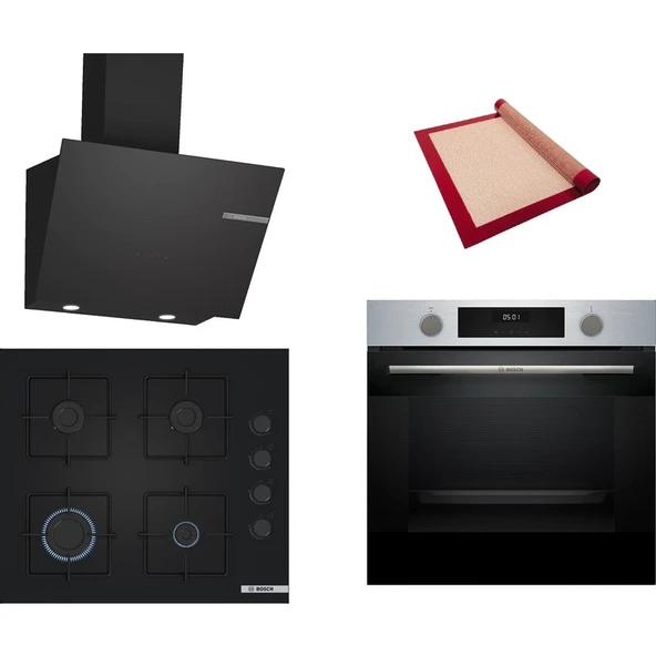 Bosch Siyah 3 lü Ankastre Set 494 (HUA717BR0T - POP6C6P31O - DWK66PJ60T) - Buhar Destekli - Pişirme Matı ile ürün görseli 1