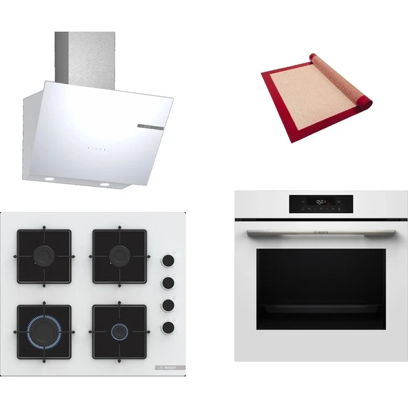 Bosch Beyaz 3 lü Ankastre Set ( HJG852YW0T - POP6C2P31O - DWK66PJ20T ) - 3D Fry Hava ile Kızartma - Pişirme Matı ile ürün görseli 1