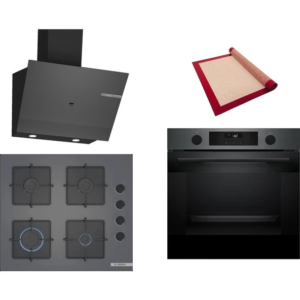 Bosch Gri 3 lü Ankastre Set 509 (HUA736EG0T - POP6C9P31O - DWK67PJ70T) - Buhar Destekli - Pişirme Matı ile ürün görseli 1
