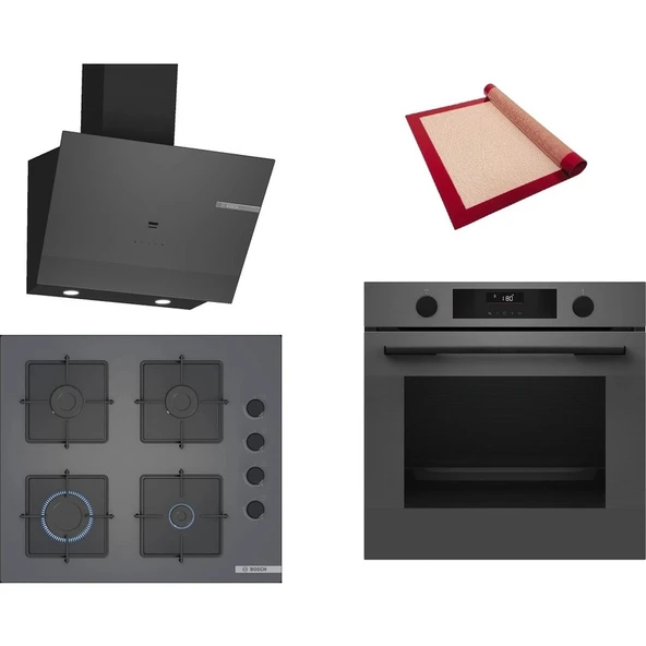 Bosch Gri 3 lü Ankastre Set 510 (HUA736EN0T - POP6C9P31O - DWK67PJ70T) - Buhar Destekli - Pişirme Matı ile ürün görseli 1