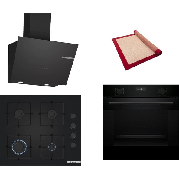 Bosch Siyah 3 lü Ankastre Set 492 (HUA717BA0T - POP6C6P31O - DWK66PJ60T) - Buhar Destekli - Pişirme Matı ile ürün görseli 1