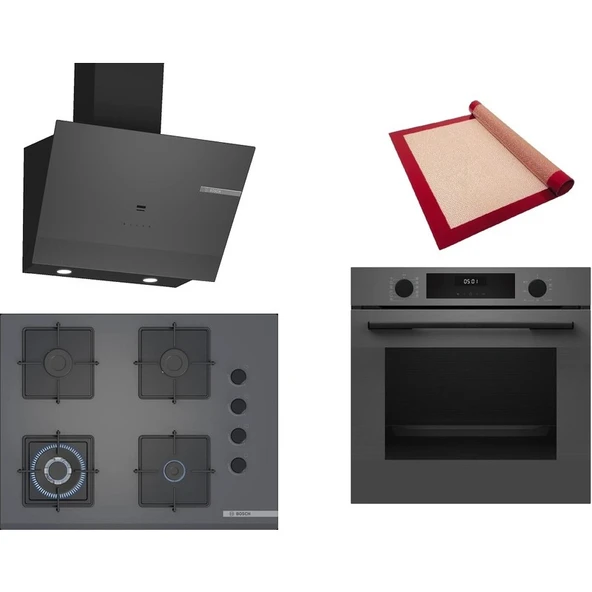 Bosch Gri 3 lü Ankastre Set 543 (HUA717BN0T - POH7C9P31O - DWK67PJ70T) 67cm Wok Bek Ocak - Buhar Destekli Fırın - Pişirme Matı ile ürün görseli 1