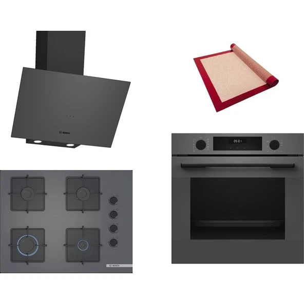 Bosch Gri 3 lü Ankastre Set 567 (HUA717BN0T - POP7C9P31O - DWK64PJ70T) 67cm Ocak - Buhar Destekli - Pişirme Matı ile ürün görseli 1