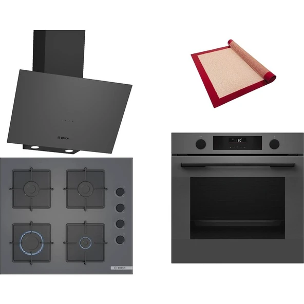 Bosch Gri 3 lü Ankastre Set 486 (HUA736EN0T - POP6C9P31O - DWK64PJ70T) - Buhar Destekli - Fırın Matı ile ürün görseli 1