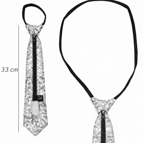 Gümüş Renk Pul Payetli Işıltılı Parti Kravatı 33 cm ürün görseli 1