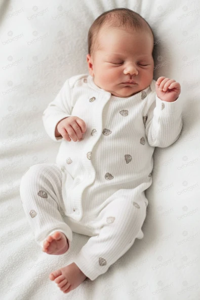 Unisex Ekru Kahve Ayılı Desenli Fitilli Manşetli Tulum ürün görseli 1
