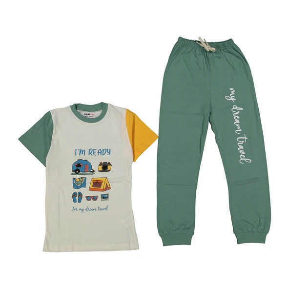Erkek Çocuk Ekru Yeşil Yakalı Kamp Baskılı Pijama Takımı ürün görseli 1