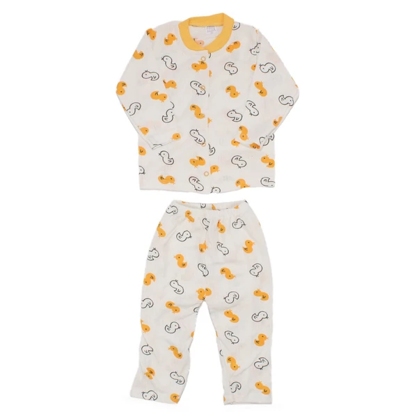 Unisex Ekru Sarı Ördekli Çıtçıtlı Pijama Takımı ürün görseli 1