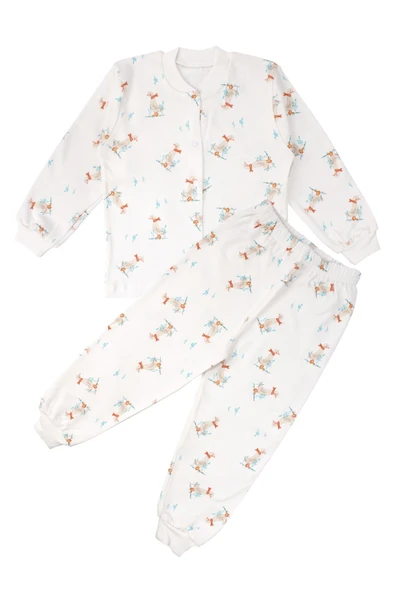 Unisex Ekru Ördek Desenli Çıtçıtlı Pijama Takımı ürün görseli 1