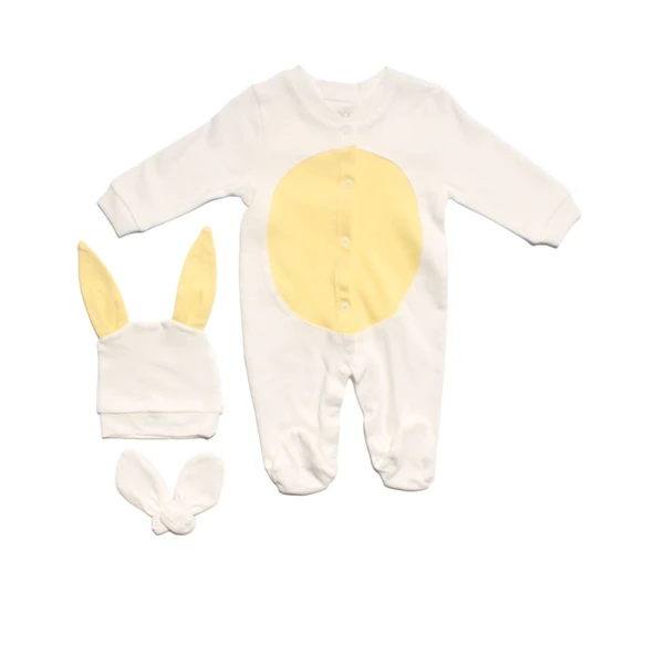 Unisex Ekru Sarı Göbekli Bereli Eldivenli Pomponlu Tavşan Tulum ürün görseli 1