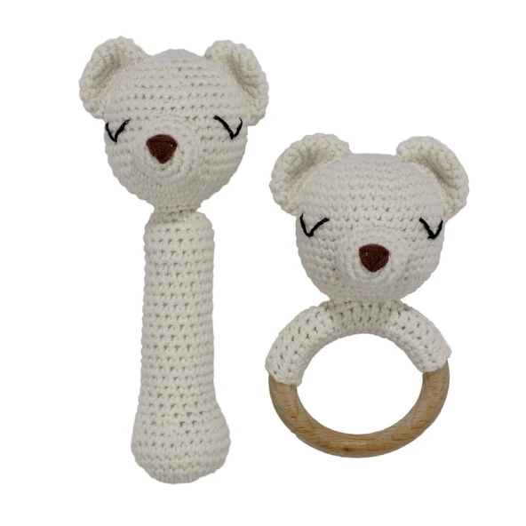 Amigurumi Sevimli Ekru Ayı Diş Kaşıyıcı Çıngıraklı Organik Oyuncak 2'li Set ürün görseli 1