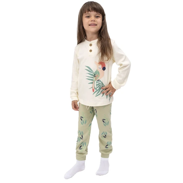 Kız Çocuk Bej Papağan Baskılı 2'li Pijama Takımı ürün görseli 1
