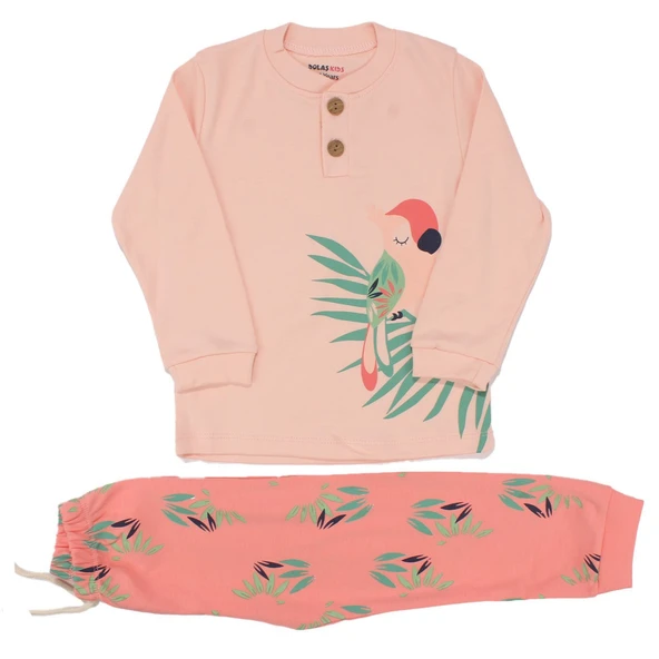 Kız Çocuk Pembe Papağan Baskılı 2'li Pijama Takımı ürün görseli 1