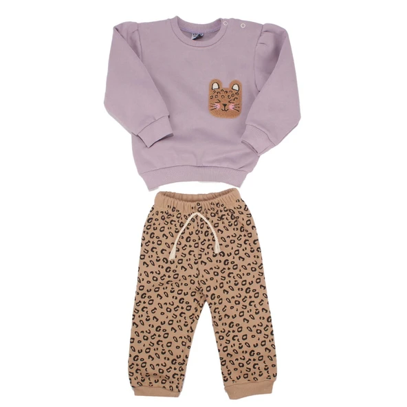 Kız Bebek Lila Kahve Kedi Nakışlı Leopar Desenli 3 İp 2'li Takım ürün görseli 1