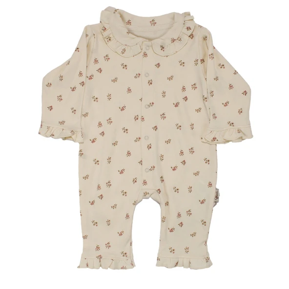 Kız Bebek Ekru Minik Çicekli Kolları Fırfırlı Bebe Yaka Çıtçıtlı Tulum ürün görseli 1