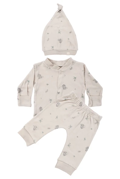 Unisex Bej Koala Desenli Organik Üçlü Pijama Takımı ürün görseli 1