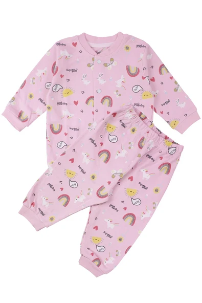 Kız Bebek Pembe Renkli Güneş Gökkuşağı Desenli Çıtçıtlı Pijama Takımı ürün görseli 1