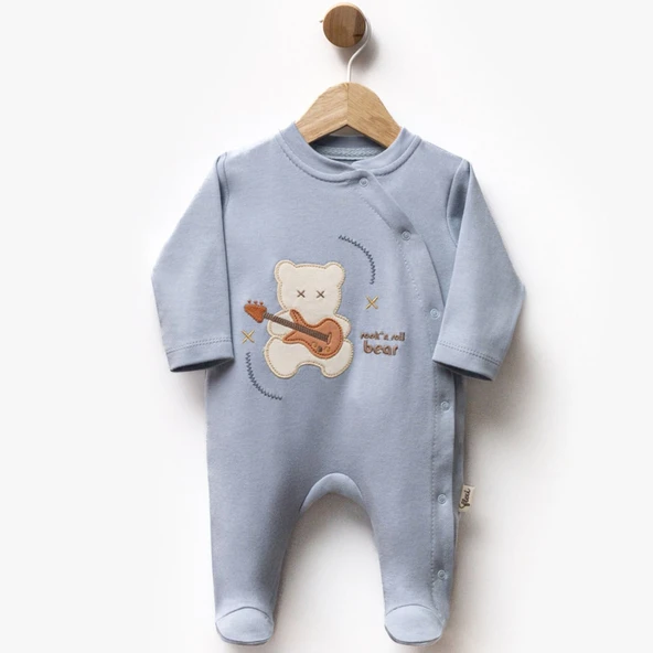 Erkek Bebek Mavi Gitarlı Ayıcık Desenli Çıtçıtlı Patikli Tulum ürün görseli 1