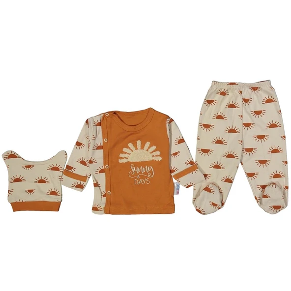 Unisex Ekru Turuncu Güneş Baskılı Çıt Çıtlı 3'lü Pijama Takımı 0-3 Ay ürün görseli 1