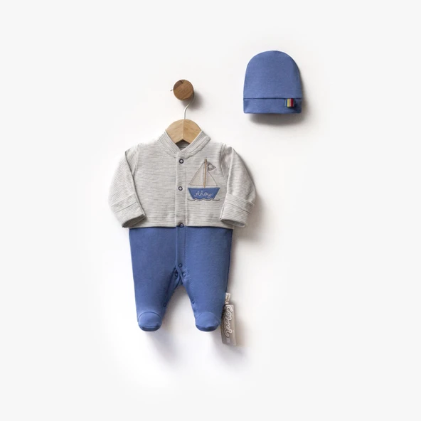 Erkek Bebek Gri Mavi Yelkenli Nakışlı Bereli Tulum ürün görseli 1