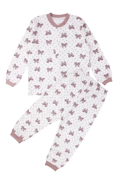 Kız Çocuk Ekru Gül Kurusu Fiyonk Baskılı Çıtçıtlı Pijama ürün görseli 1