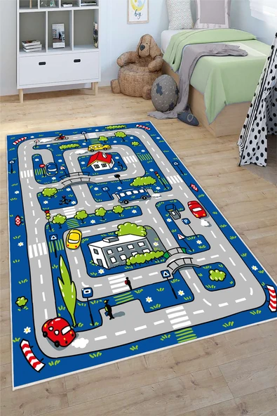Sehir Desenli Mavi Baskılı Yıkanabilir Kaymaz Çocuk Oyun Halısı 200 x 400 cm Mavi ürün görseli 1