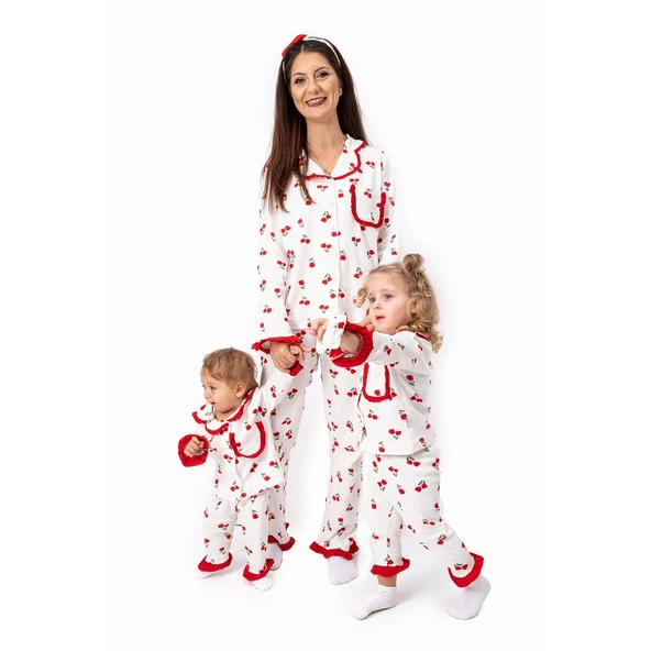 Kadın Anne Ekru Kırmızı Lale Desenli Fırfırlı Bandanalı Pijama Takımı ürün görseli 1