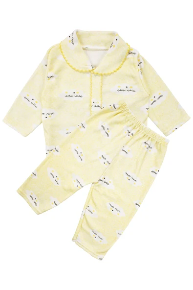 Unisex Sarı Bulut Desenli Biyeli Çıtçıtlı Pijama Takımı 0-3 Ay ürün görseli 1