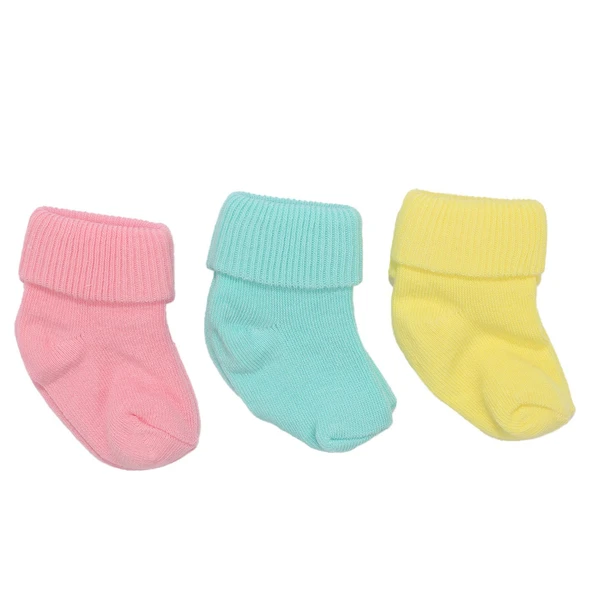 Unisex Pembe Turkuaz Sarı Kıvrık 3'lü Çorap 0-6 Ay ürün görseli 1