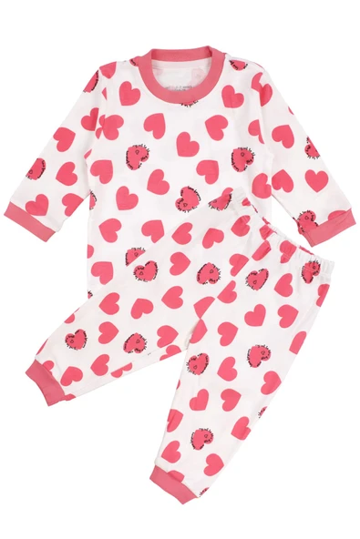 Kız Bebek Ekru Fuşya Kalp Desenli Pijama Takımı ürün görseli 1