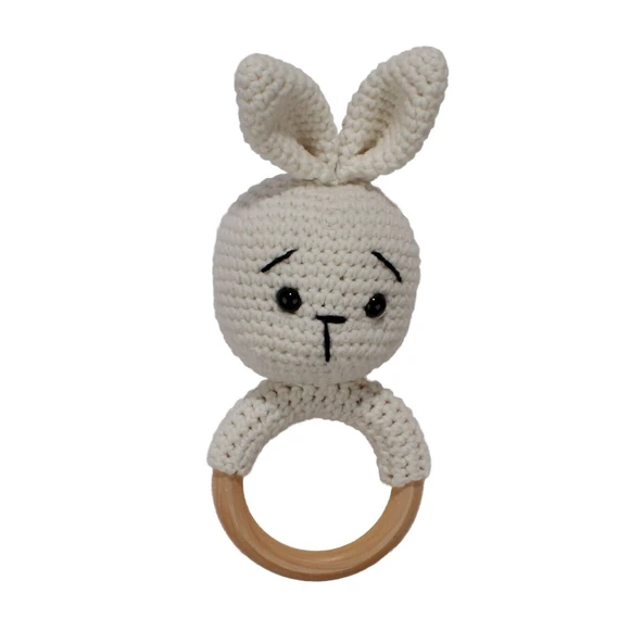 Amigurumi Sevimli Ekru Tavşan Diş Kaşıyıcı Çıngıraklı Organik Oyuncak ürün görseli 1