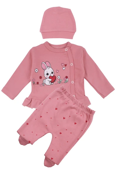 Kız Bebek Pembe Tavşan Baskılı Fırfırlı Patikli Pijama Takımı 0-3 Ay ürün görseli 1