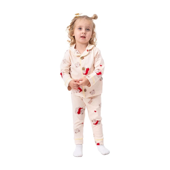 Unisex Somon Sarı Biyeli Kırmızı Ayıcık Desenli Kruvaze Yaka Pijama Takımı ürün görseli 1