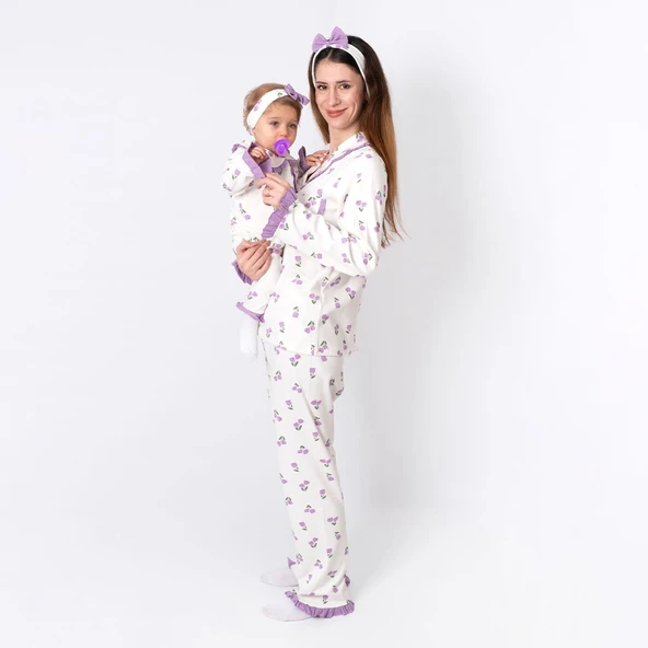 Kadın Anne Ekru Mor Lale Desenli Fırfırlı Bandanalı Pijama Takımı ürün görseli 1