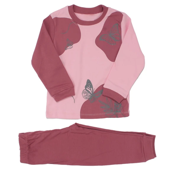 Kız Çocuk Pembe Mor Kelebek Baskılı 2'li Pijama Takımı ürün görseli 1