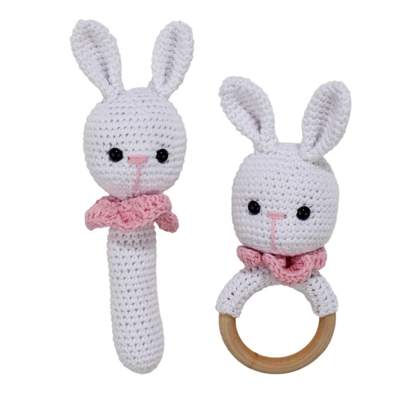 Amigurumi Sevimli Beyaz Pembe Tavşan Diş Kaşıyıcı Çıngıraklı Organik Oyuncak 2'li Set ürün görseli 1