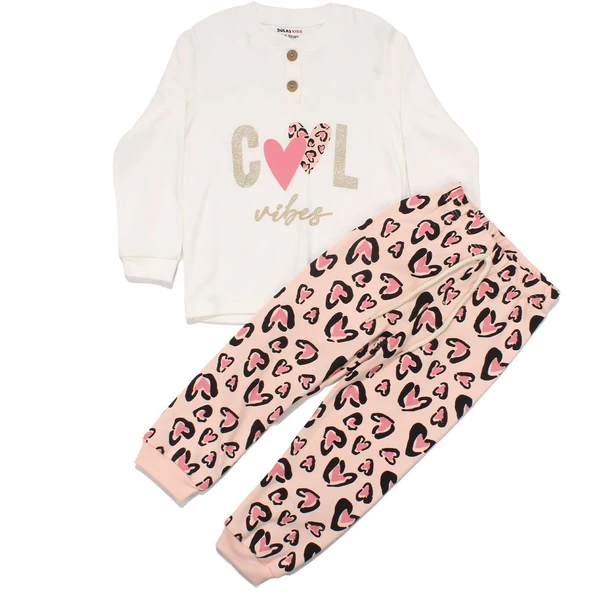 Kız Çocuk Ekru Pembe Cool Kalp Baskılı 2'li Pijama Takımı ürün görseli 1