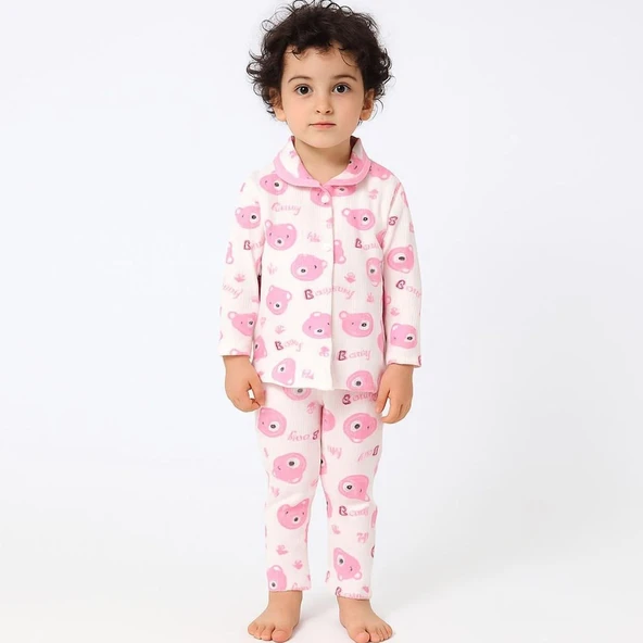 Kız Bebek Ekru Pembe Baby Ayılı Desenli Yakalı Çıtçıtlı Pijama Takımı 0-6 Ay ürün görseli 1