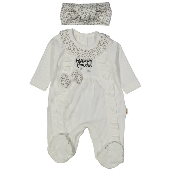 Kız Bebek Ekru Kalp Desenli Happy Yazılı Fiyonklu Bandanalı Tulum ürün görseli 1