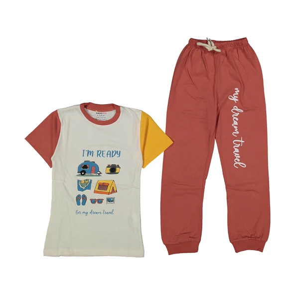 Erkek Çocuk Ekru Turuncu Kamp Baskılı Pijama Takımı ürün görseli 1