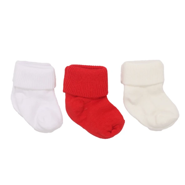 Unisex Kırmızı Beyaz Ekru Kıvrık 3'lü Çorap 0-6 Ay ürün görseli 1