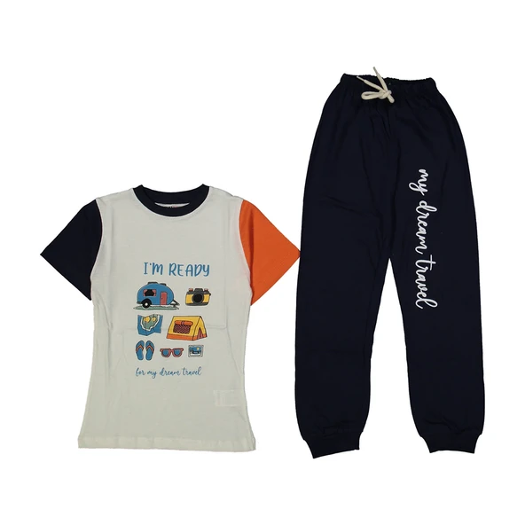 Erkek Çocuk Ekru Füme Yakalı Kamp Baskılı Pijama Takımı ürün görseli 1