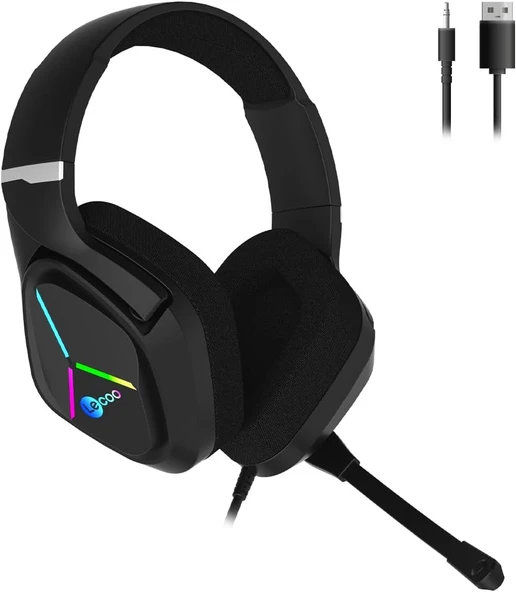 Lecoo HT406 3.5mm Jack + USB Kablolu RGB Aydınlatmalı Kulak Üstü Gaming Kulaklık - Evrensel Uyumlu, 50mm Ses Sürücüsü, 1.5m Kablo Uzunluğu, Ergonomik Kulaklık Siyah ürün görseli 1