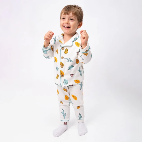 Unisex Ekru Yeşil Turuncu Yaprak Kaktüs Desenli Kruvaze Yaka Pijama Takımı ürün görseli 1