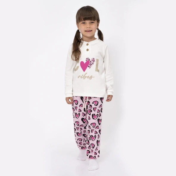 Kız Çocuk Ekru Fuşha Cool Kalp Baskılı 2'li Pijama Takımı ürün görseli 1