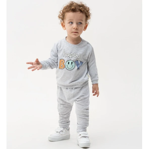 Erkek Bebek Gri Happy Boy Yazılı 2'li Takım ürün görseli 1