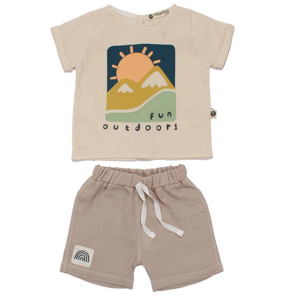 Erkek Bebek Ekru Bej Güneş Fun Outdoors Yazılı 2'li Takım ürün görseli 1